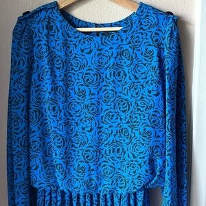 Vintage Breli Originals Blue Abstract Floral Long Sleeve Pleated Dress